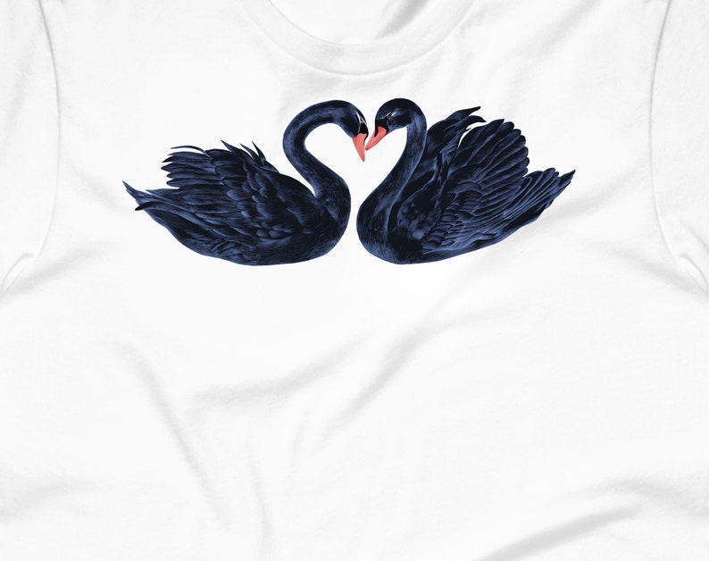 May include: Two black swans with their necks intertwined in a heart shape, against a white background.