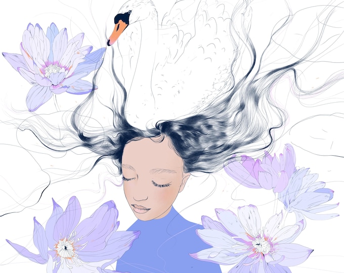 Limited edition Giclée Print / Girls portrait with Swan and Waterlily