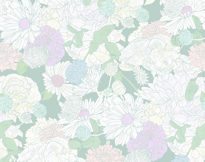 Daisy Print Green Grey Wallpaper / Autumn Flower Wall Mural
