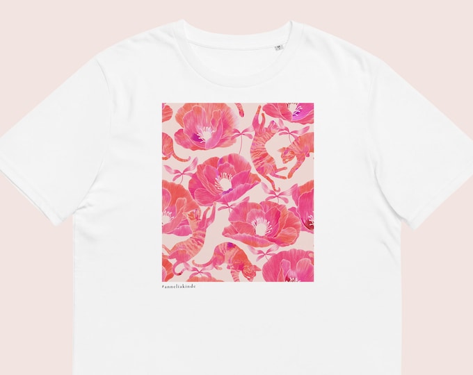 Whimsical Pink Cats and Poppies Printed White T-Shirt