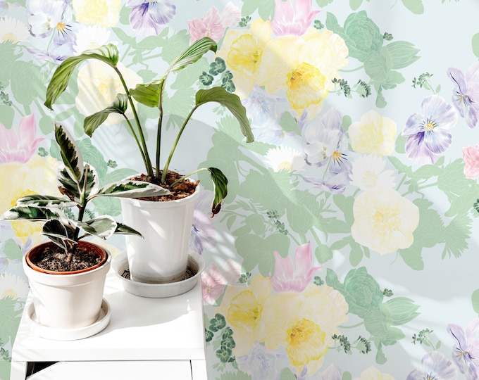 Daffodil Viola Print Pastel Wallpaper / Spring Flower Wall Mural