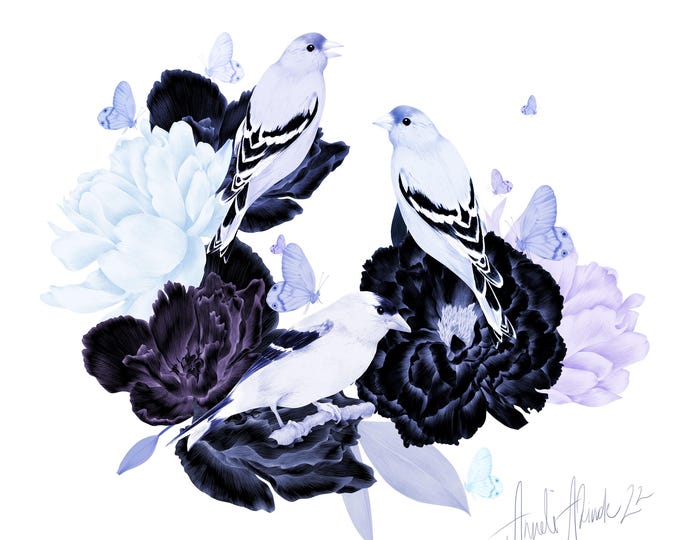 Limited edition Giclée Print / Blue Flowers and Birds