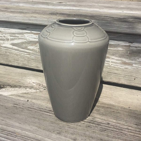 Vintage Gray Pottery Vase Arita Sculptura Made in Japan Geometric Design Gray 8 Inch