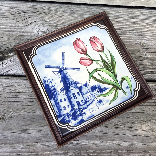 Vintage Dutch Decorative Ceramic Tile Windmill and Tulip Framed Blue and White Holland