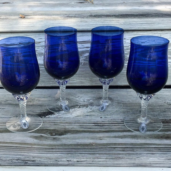 Vintage Cobalt Blue Crystal Wine Glasses Celebrity Japan Hand Blown Hand Polished Japan Set of Four