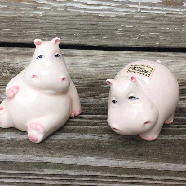 Vintage Ceramic Pink Hippos Salt and Pepper Shakers Hand Painted Fitz and Floyd Japan 1980