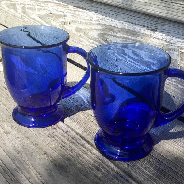 Vintage Cobalt Blue Glass Mugs Set of Two Anchor Hocking USA