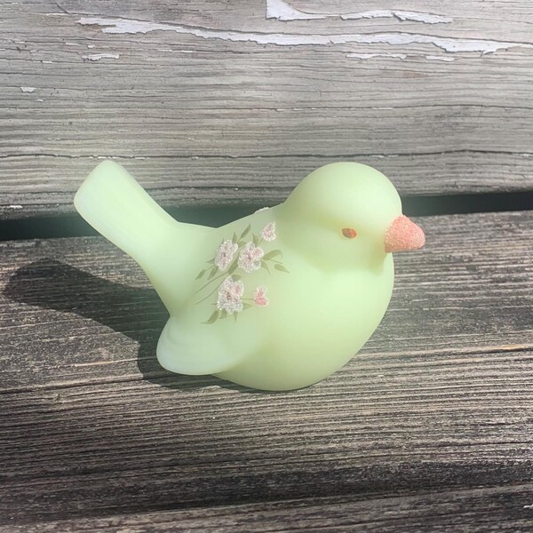Vintage Custard Satin Glass Bird Fenton Art Glass Handpainted