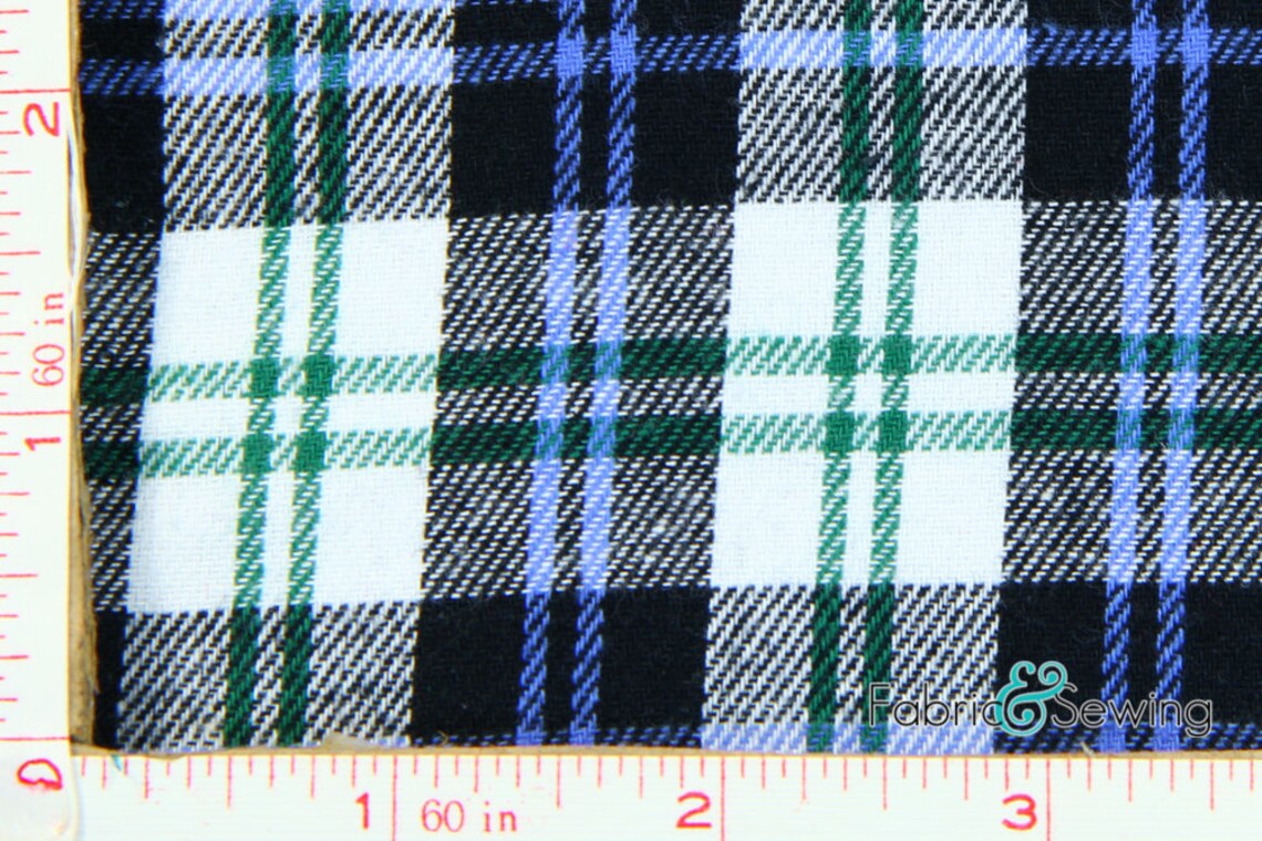 White Black Green and Light Blue Plaid Flannel Fabric Cotton | Etsy