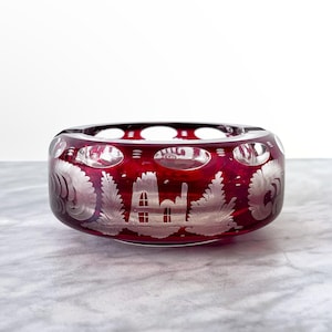 Vintage Egermann Bohemian Czech Ruby Crystal Glass Ashtray - Traditional European Candle Holder
