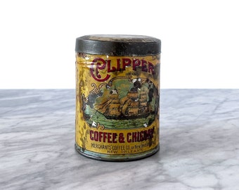Vintage Clipper Coffee & Chicory Round Tin - Antique Rusty Patina Metal Can