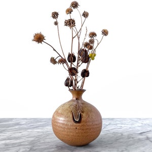 May include: A brown ceramic vase with a textured surface and a unique design. The vase is filled with dried flowers and seed pods.