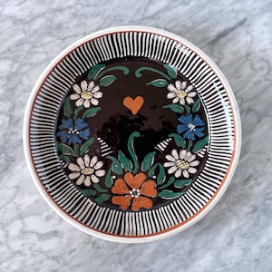 Vintage Handmade 11&quot; German Decorative Floral Plate - Folk Art Hand Painted Ceramic Wall Art Studio Pottery