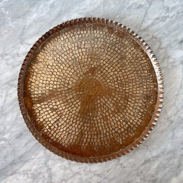 Gorgeous Vintage Hammered Copper Round Tray Platter with Fluted Edge - Embossed Indian Middle Eastern Boho Global Style