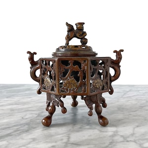 Antique 1900s Japanese Bronze Censer Incense Burner - Foo Lion Dog Asian Traditional Boho Eclectic Global