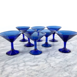 Set of 8 Cobalt Blue Martini Glasses or Dessert Bowls - Vintage Blown Glassware Cocktail Bar Cart