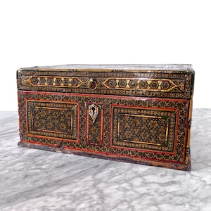 Antique 14" Khatam Khari Star Inlay Wooden Jewelry Chest Box - 18th 19th Century Persian Marquetry Global Folk Art Boho Style image 1