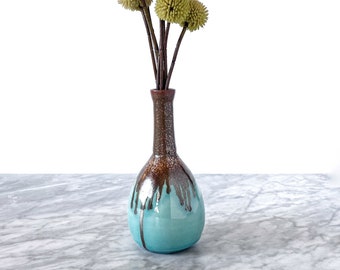 Magnifique vase bleu sarcelle fait main avec glaçure goutte à goutte en cuivre - Pot de cannabis en céramique Studio Pottery