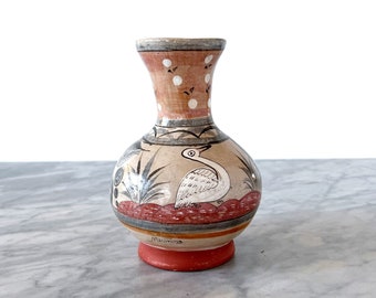 Vintage Tonala Vase with Delicate Bird and Branches - Mexican Folk Art Pottery