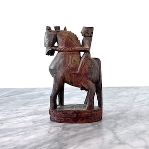 Vintage 7&quot; Indian Carved Wooden King and Horse - Marapachi Bommai Figure Global Folk Art Boho Decor
