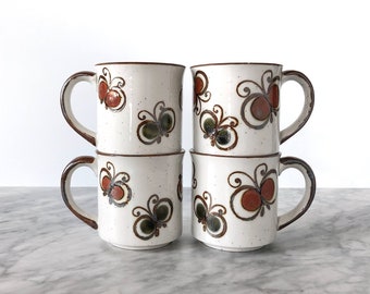 Set of 4 Vintage Butterfly Otagiri Mugs - Boho Japanese Stoneware Coffee Tea Cup