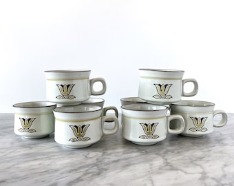 Juego de 8 tazas Denby de la década de 1970 en patrón de tulipán Kimberley - Taza de té de decoración boho MCM de mediados de siglo