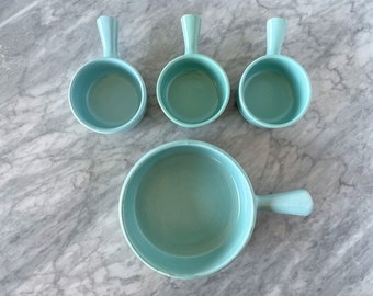 Set of 4 Mid Century Modern Turquoise Stoneware Dishes - MCM La Solana Pottery Blue Teal Retro Boho Soup Crock Casserole