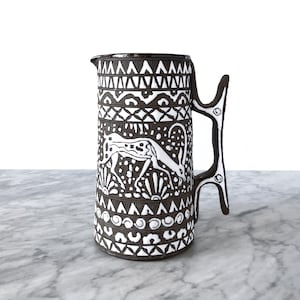 Intricate Handmade Carved & Glazed Pitcher - Ceramic Studio Pottery Tribal Design