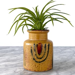 Handmålad gul vas med abstrakta former - Mid Century MCM Boho japansk stengods keramisk ogräskruka