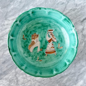 Vintage 12&quot; Green CAS Vietri Bowl with Figure - Italian Ceramic Hand Painted Rustic Country Kitchen Serving