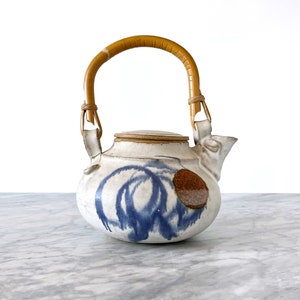 Vintage Handmade Brushstroke Glaze Asian Teapot with Bamboo Handle - Handmade Studio Pottery Signed