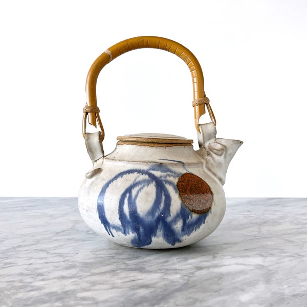 Vintage Handmade Brushstroke Glaze Asian Teapot with Bamboo Handle - Handmade Studio Pottery Signed