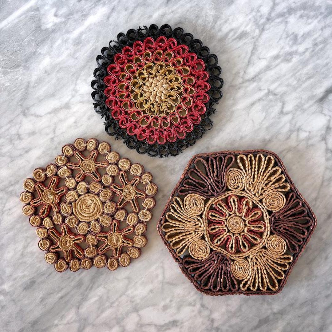 Set of 3 of Mid Century Style Rattan Flower Trivets - Colorful Boho ...