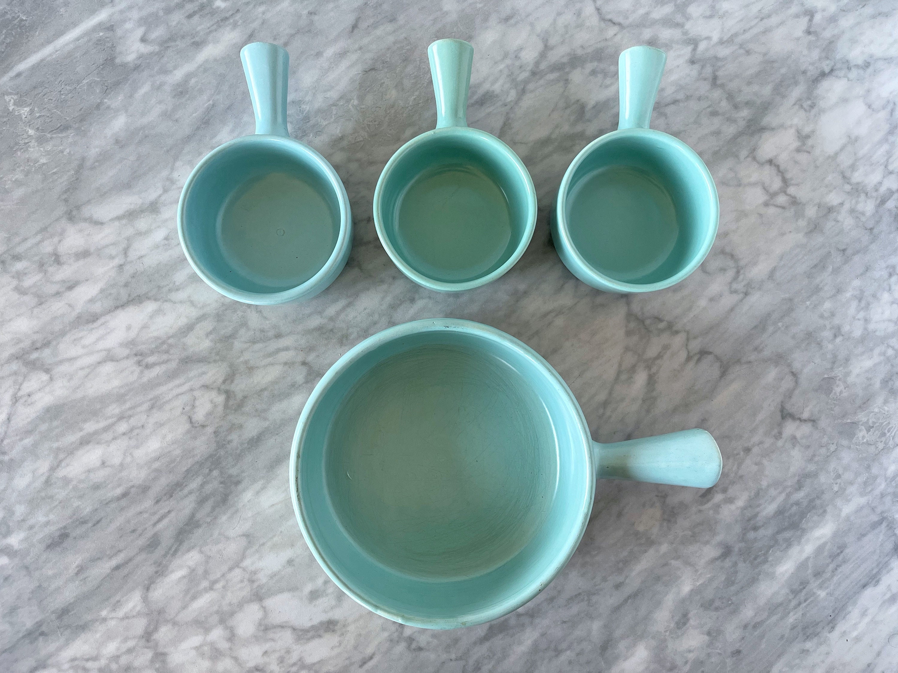 Set of 4 Mid Century Modern Turquoise Stoneware Dishes - MCM La