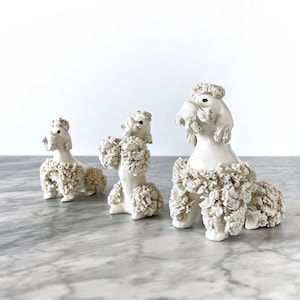 Trio of 1950s Ceramic Spaghetti Poodles - Vintage Mid Century Dog Whimsical Bookshelf Children&#39;s Room