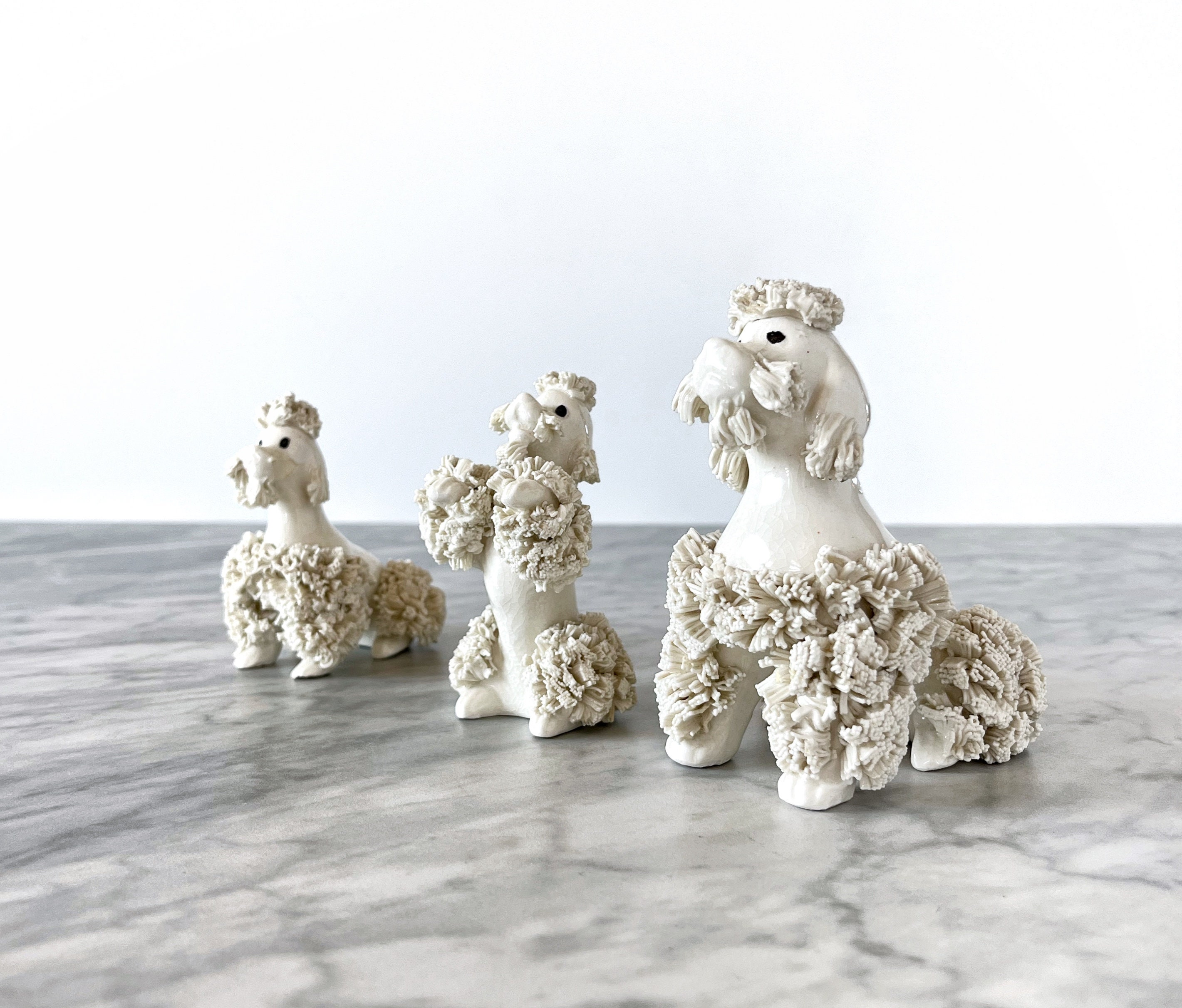 Trio of 1950s Ceramic Spaghetti Poodles - Vintage Mid Century Dog