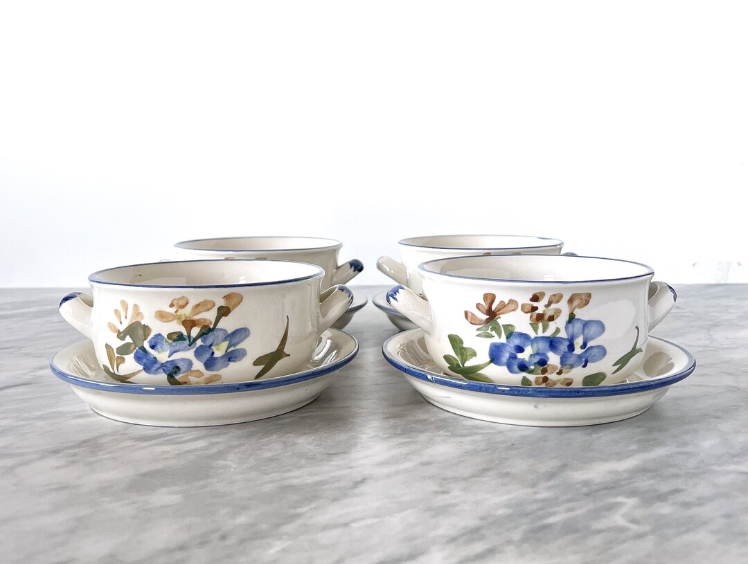Set of 4 Floral Stoneware Soup Bowls/crocks With Saucers - Retro Rustic ...