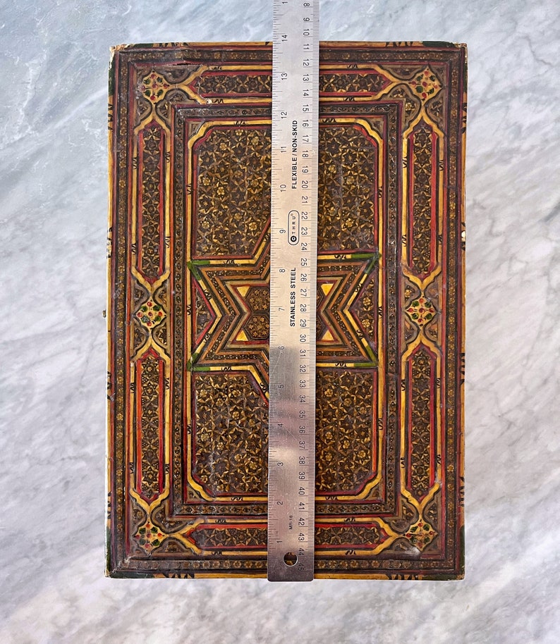 Antique 14" Khatam Khari Star Inlay Wooden Jewelry Chest Box - 18th 19th Century Persian Marquetry Global Folk Art Boho Style image 10