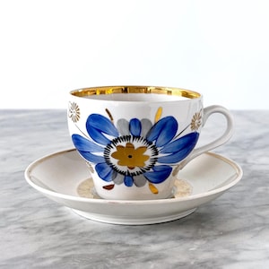 Vintage 1970s Blue Gold Floral Porcelain Teacup and Saucer - Hand Painted Baranovka Ukraine Europe Traditional Tea Set