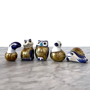 Set of 5 Vintage Mini Tonala Brass & Handpainted Animals - Mexican Folk Art Toucan Cat Owl Dove Turtle