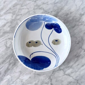 Vintage Painted Chinese Lilypad Dish - Blue & White Floral Pottery