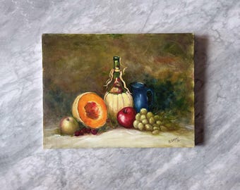 Vintage Still Life Oil Painting Wine with Fruit - Traditional Boho Eclectic European Decor Hand Painted and Signed