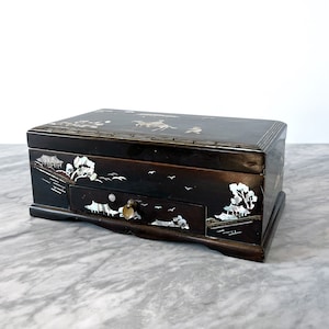 Rare Antique Lacquer Opium Box with Mother of Pearl Inlay - Vintage Asian Chinese Desk Office Bookshelf Jewelry Box