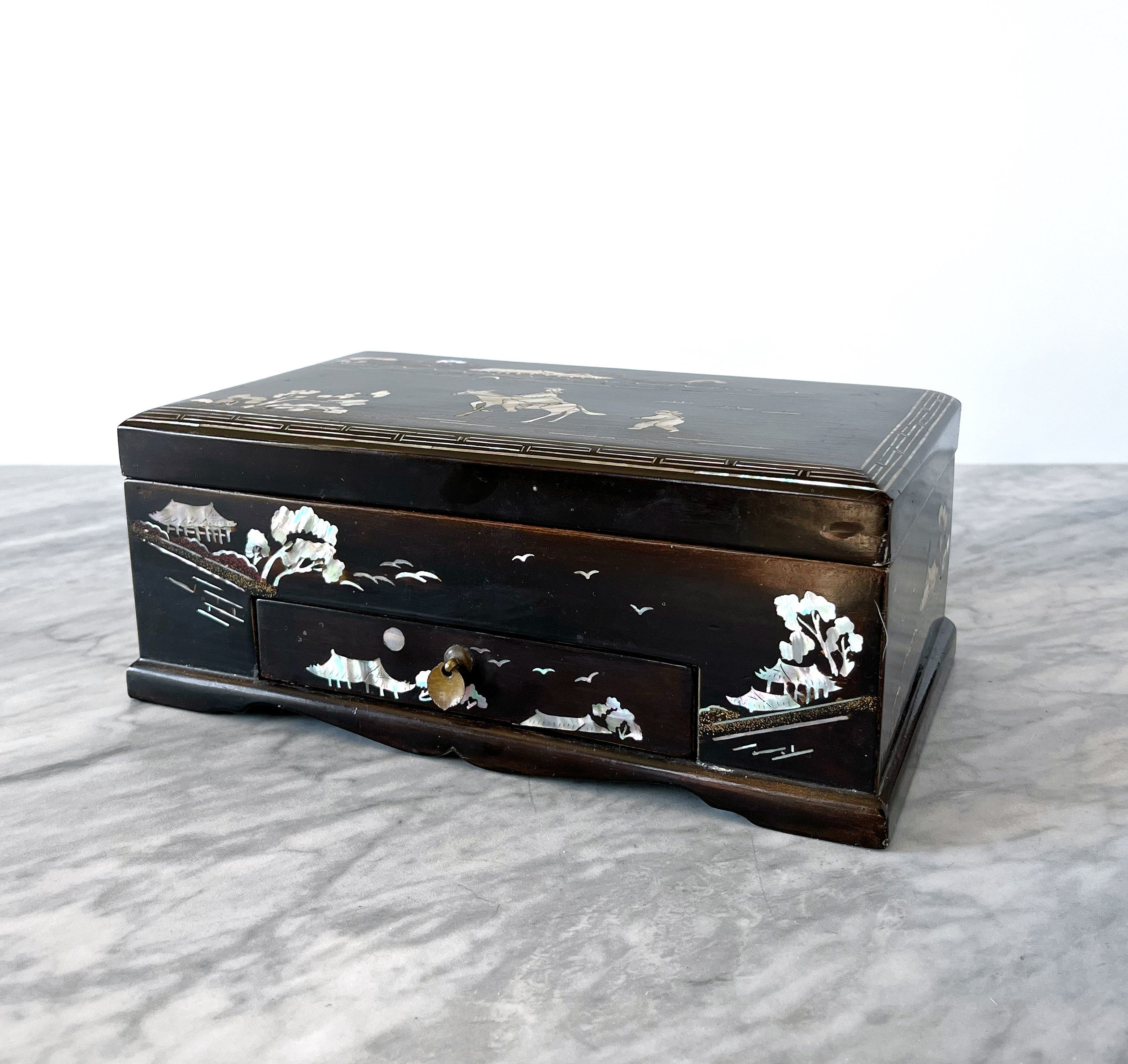 Rare Antique Lacquer Opium Box With Mother of Pearl Inlay