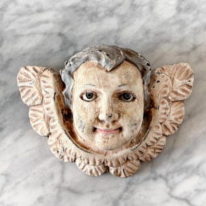 Vintage 6&quot; Carved Wood Putti Angel Cherub - Polychrome Traditional European Rustic Boho Global Decor