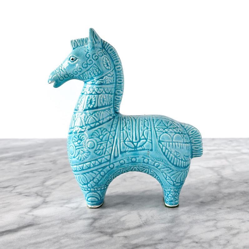 Vintage Midcentury Bitossi Style Ceramic Trojan Horse - Turquoise