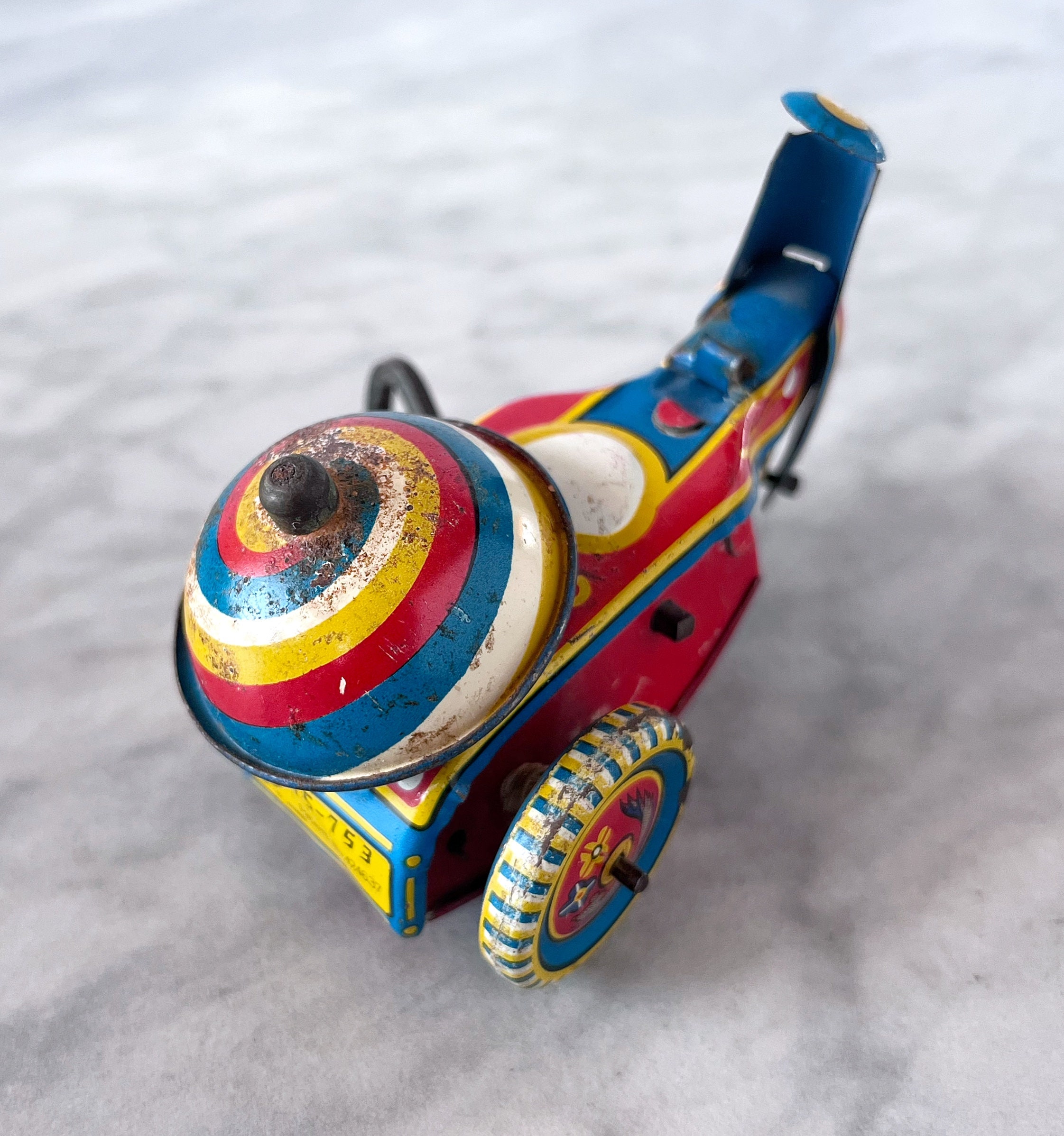 Vintage Miniature Tin Windup Motorcycle Trike Toy (WORKS, Missing