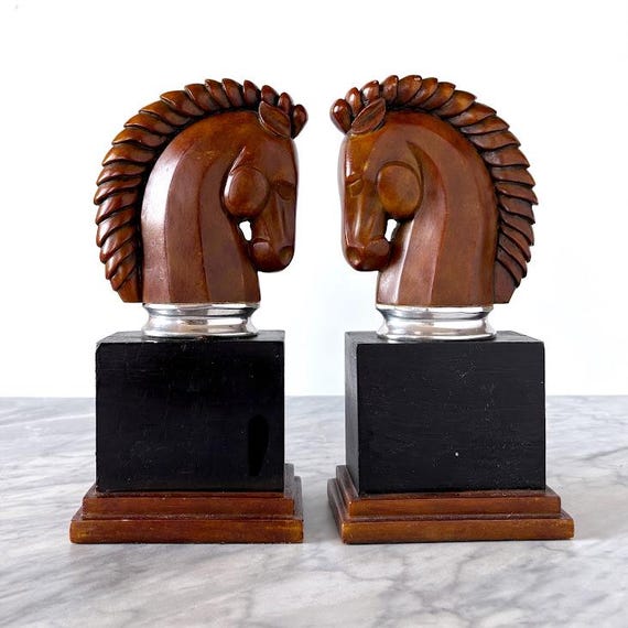 Vintage Style Trojan Horse Bookends - Carved Wood Resin Library