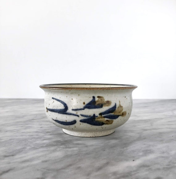 Vintage Hand Painted Bowl with Brushstroke Flowers & Speckled Glaze