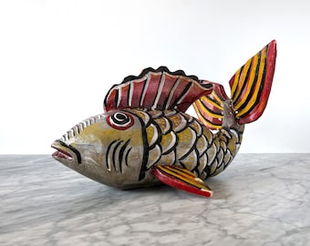 Vintage 13" Mexican Folk Art Wooden Fish - Hand Carved Colorful Boho Global Decor